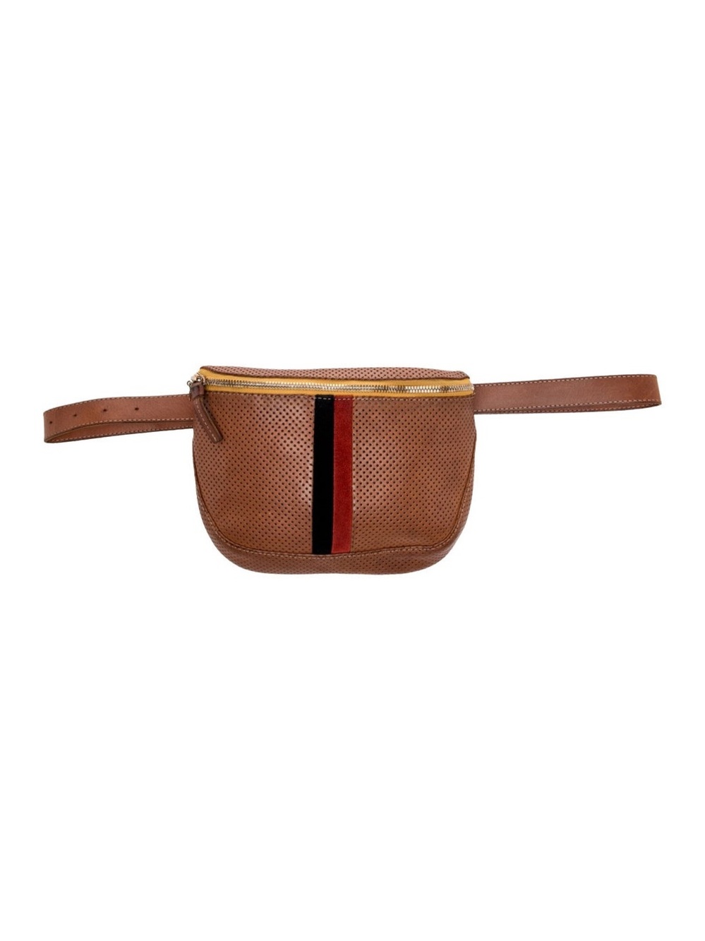 Clare V Perforated Tan Leather Belt Bag with Red & Black Stripe